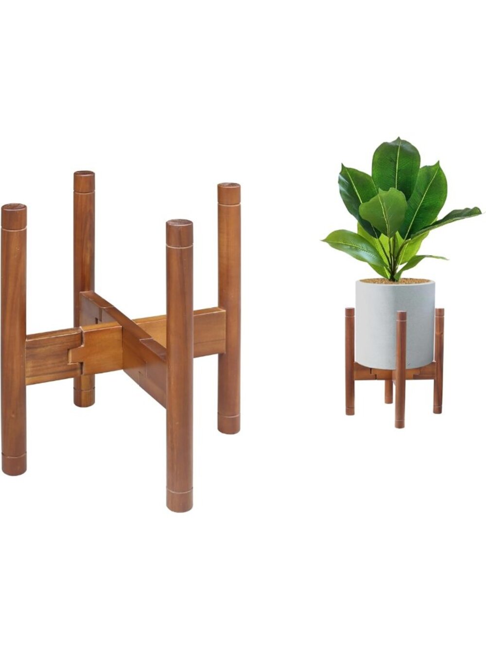 Mid-Century Modern Adjustable Plant Stand for 8-12" Pots, Solid Wood Holder